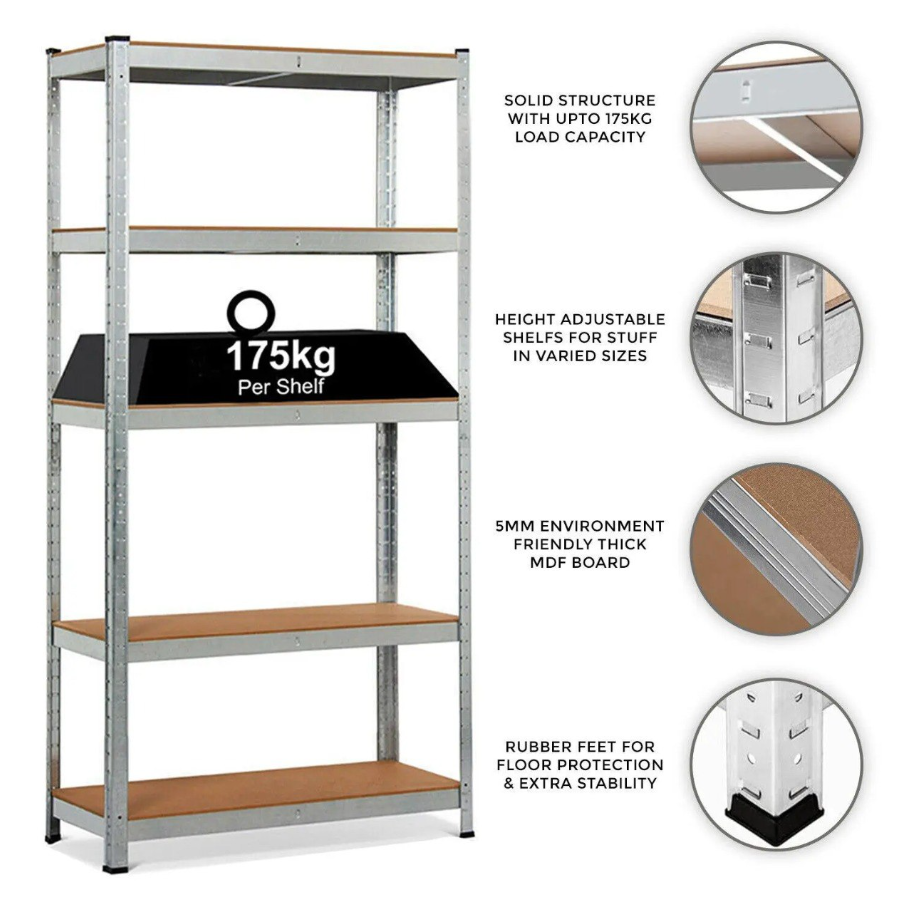 5-Tier Heavy Duty Garage Shelving Unit 180x90x40cm – Adjustable Metal Storage Rack with 175kg Capacity Per Shelf