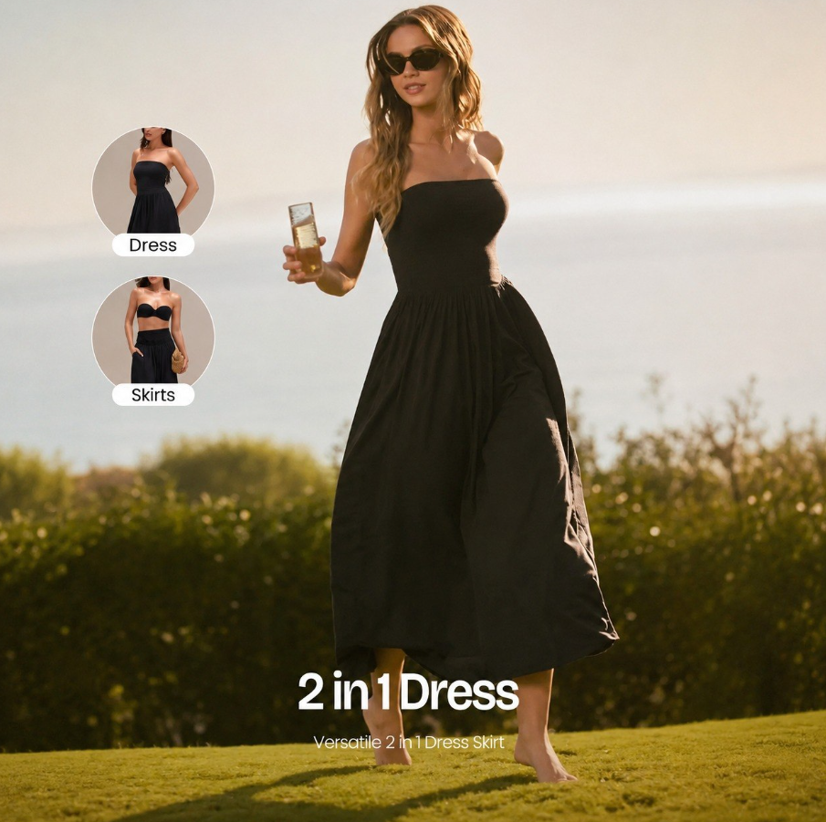Convertible 2-in-1 Strapless Dress & Skirt – Soft, Breezy Maxi Dress with Pockets