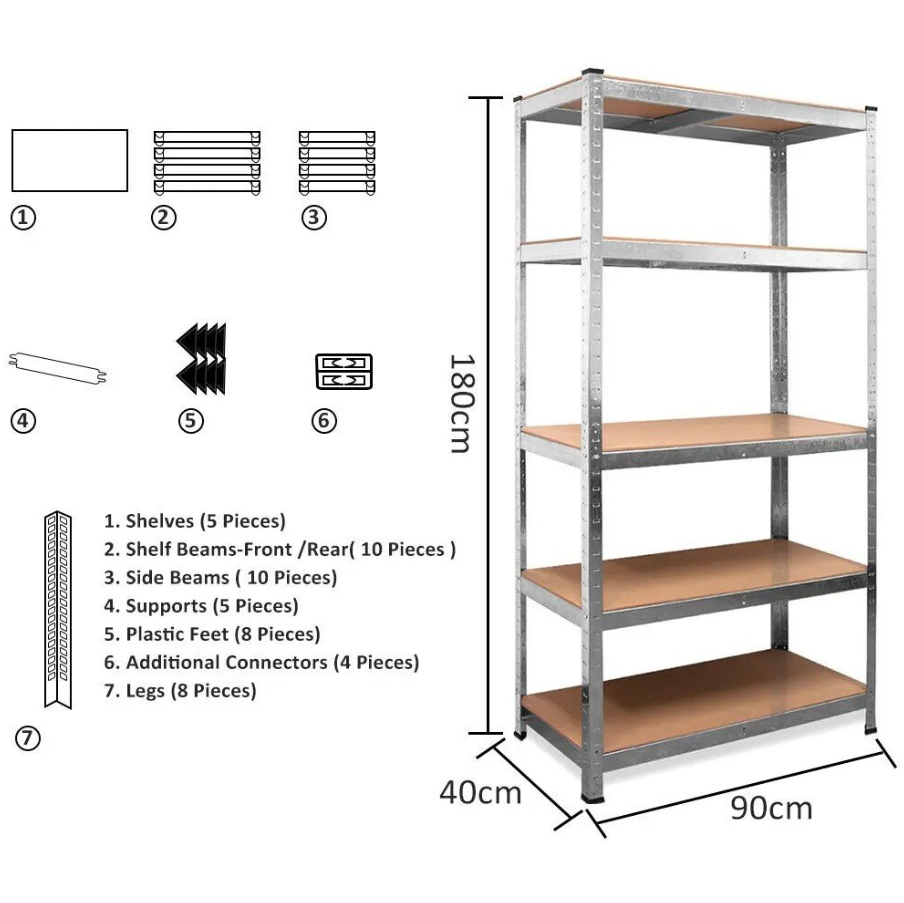 5-Tier Heavy Duty Garage Shelving Unit 180x90x40cm – Adjustable Metal Storage Rack with 175kg Capacity Per Shelf