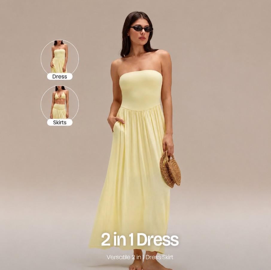 Convertible 2-in-1 Strapless Dress & Skirt – Soft, Breezy Maxi Dress with Pockets
