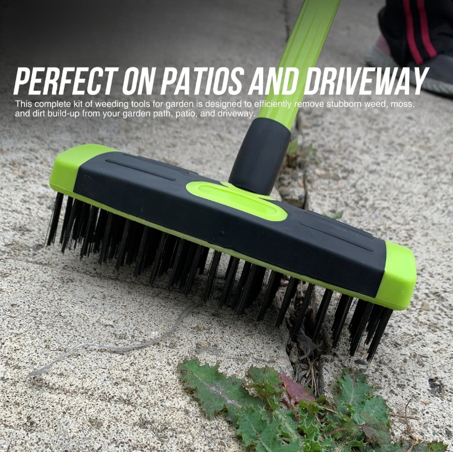 Telescopic Patio Weed Brush with Built-In Weed Puller & Heavy-Duty Wire Bristles
