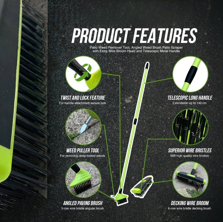 Telescopic Patio Weed Brush with Built-In Weed Puller & Heavy-Duty Wire Bristles