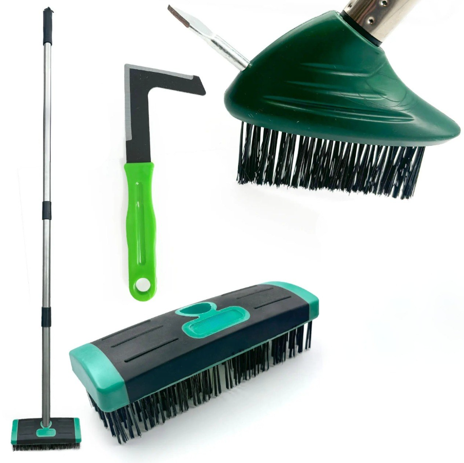 Telescopic Patio Weed Brush with Built-In Weed Puller & Heavy-Duty Wire Bristles